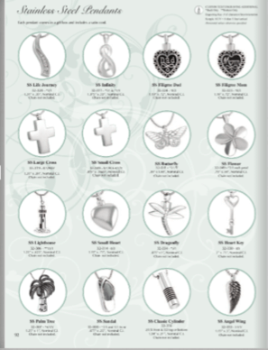 Infographic of 12 memorial pendant and charm designs, each shown in a circular frame on a pale background