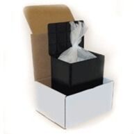 Open cardboard box with a black tissue-lined gift box inside