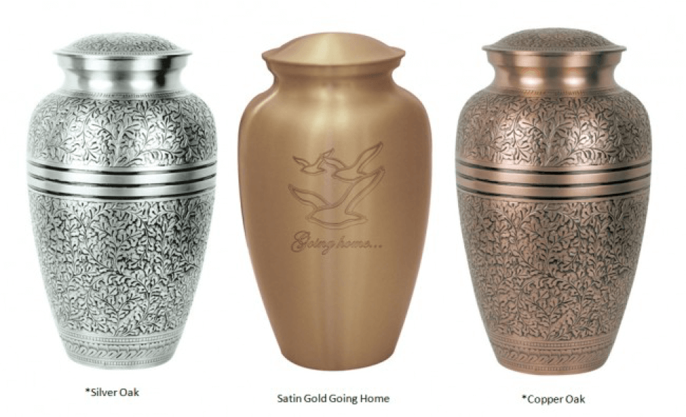 Three decorative urns: silver, gold, and copper, each with embossed floral patterns.