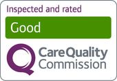Care Quality Commission rating: Good. Green bar, purple logo, gray text.