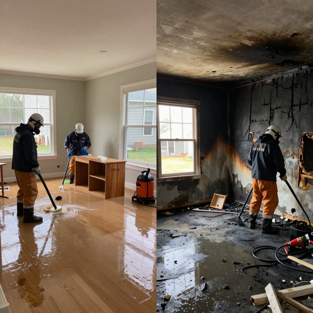 Fire-damaged living room with firefighters cleaning up water and debris after a blaze