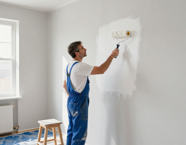 Man painting a white wall in a bright room, standing on a blue drop cloth beside a stool.