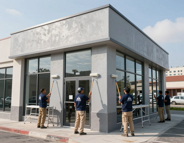 Workers painting the exterior of a small gray building with ladders and roller poles