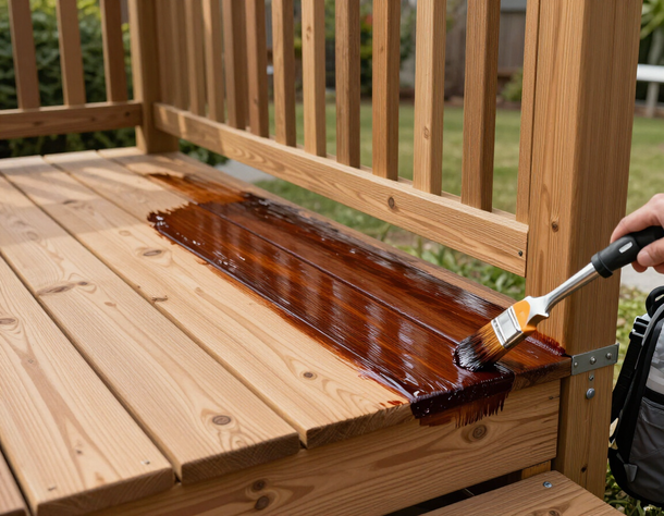Applying varnish to a wooden deck with a brush, creating a glossy brown finish.