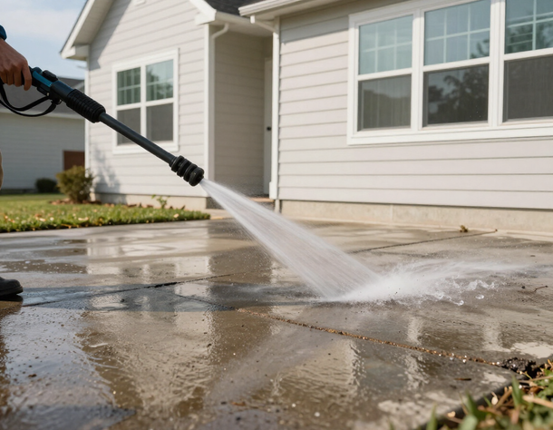A person pressure-washes a concrete driveway beside a beige house.