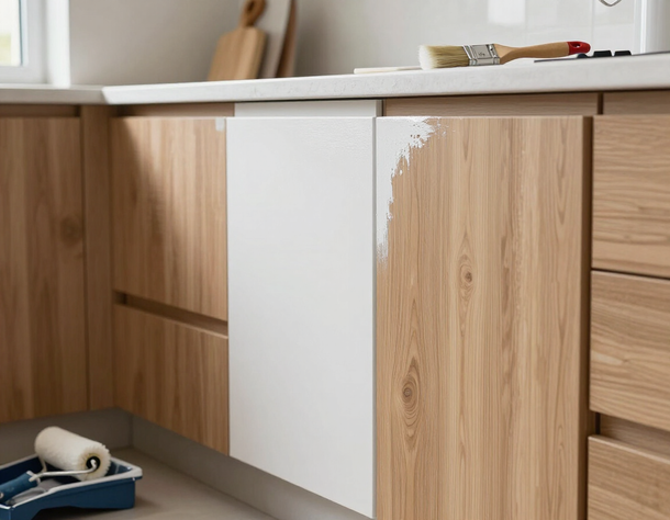 Kitchen cabinets with light wood doors and a white panel beneath a countertop.