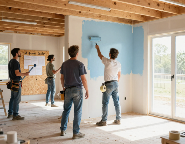 Three people painting a room, one rolling light blue paint on a wall in a partially renovated house