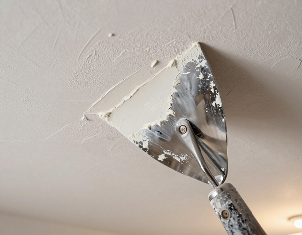Drywall being smoothed with a putty knife, showing ceiling patching in progress