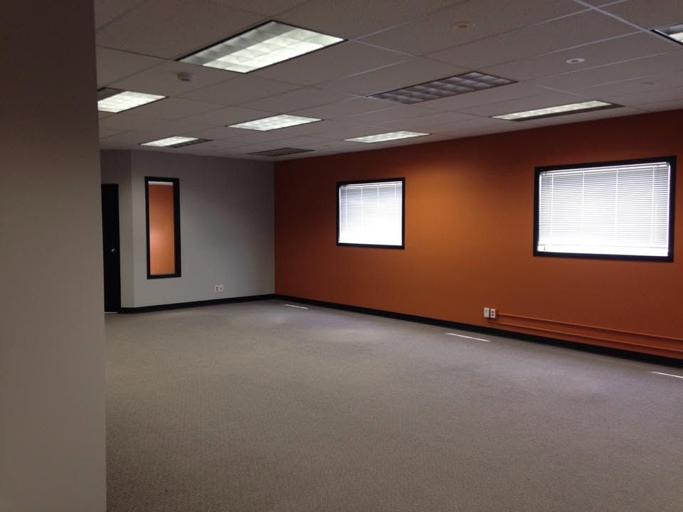 Empty office room with beige carpet, orange wall, windows, and fluorescent ceiling lights