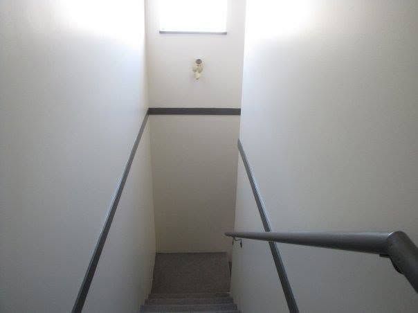 Stairwell with white walls, dark handrails, and a window at the top landing.