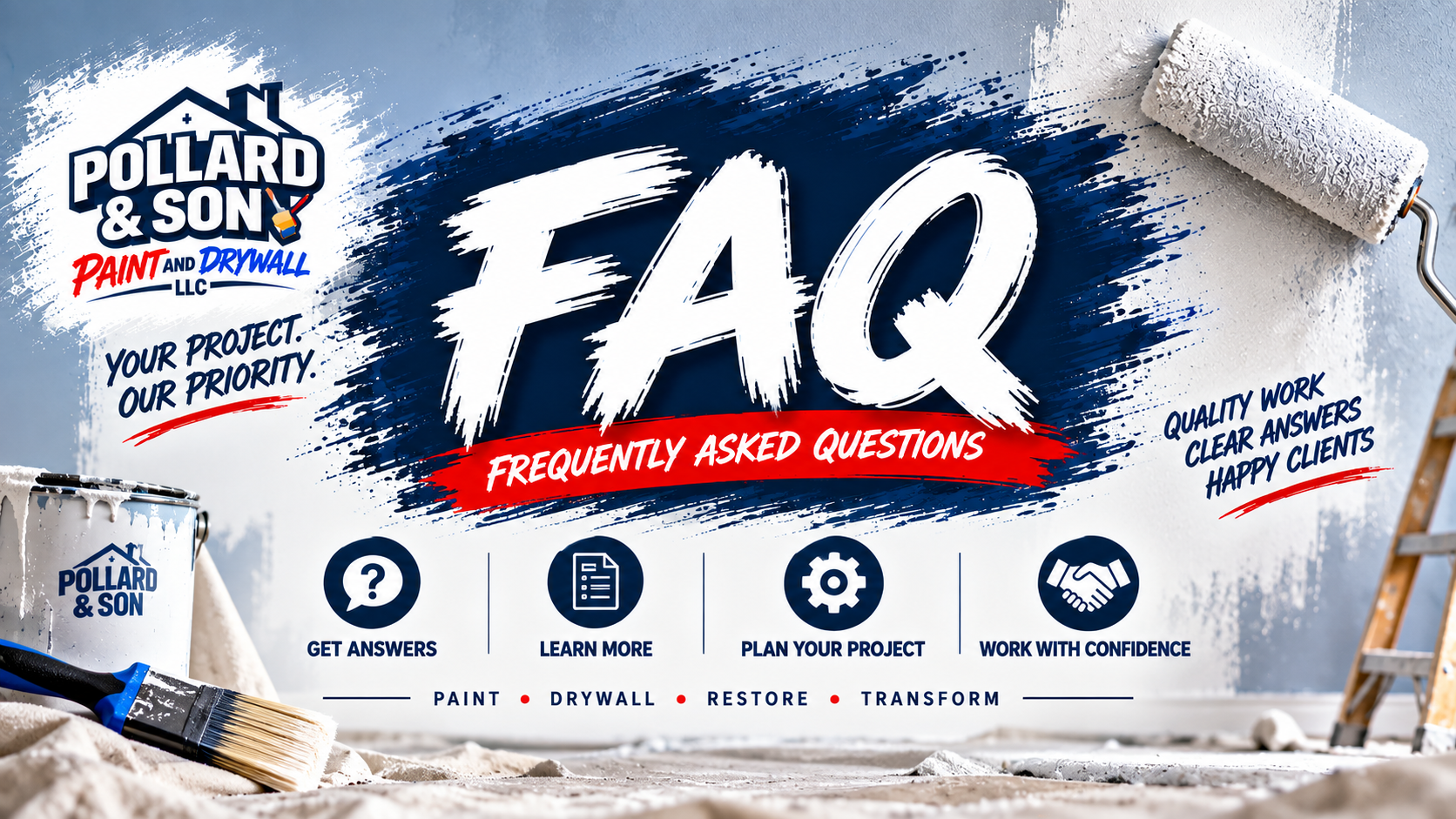 Paint company FAQ graphic with roller, bold white title on blue background, and navigation icons along the bottom