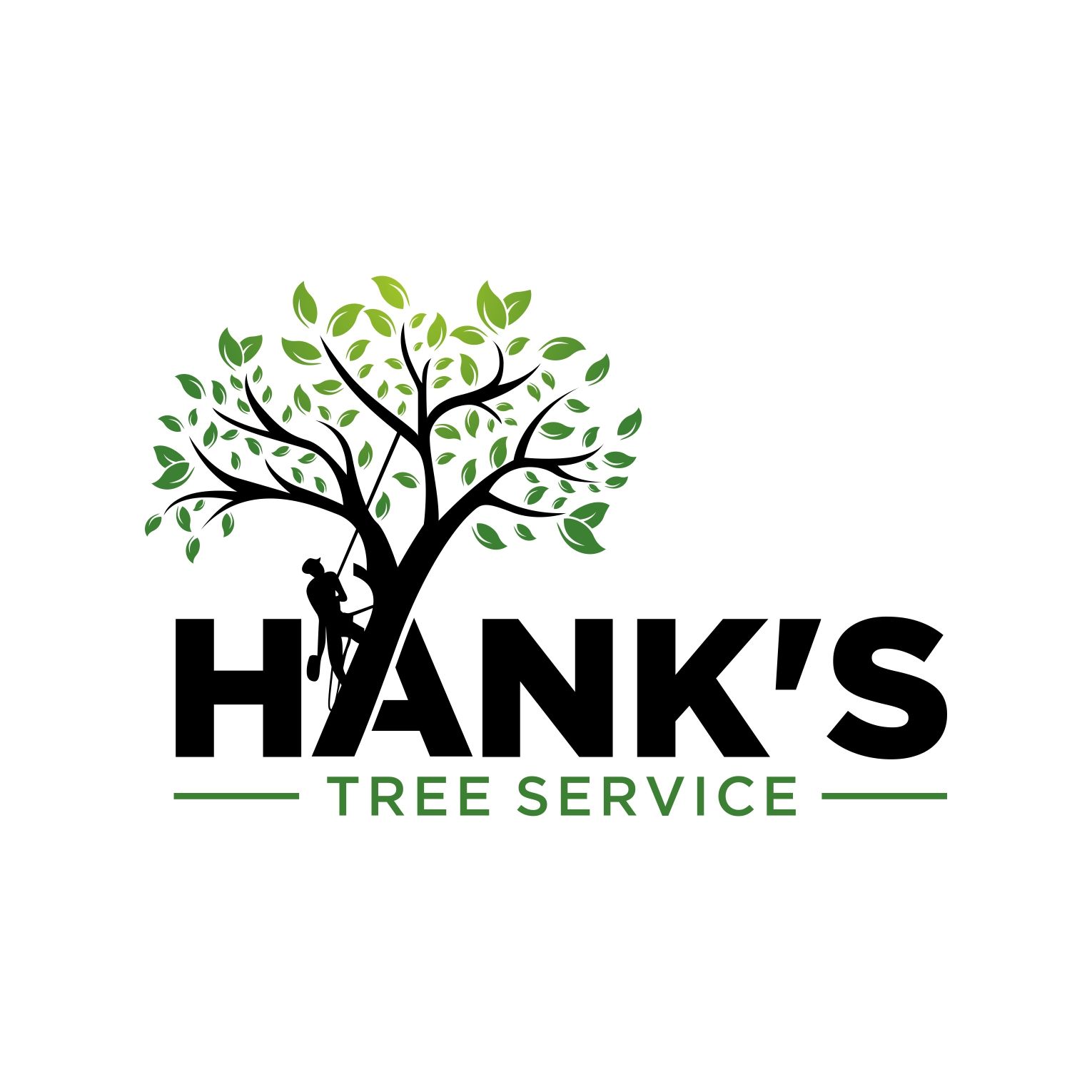 The logo for hank's tree service shows a man climbing a tree.