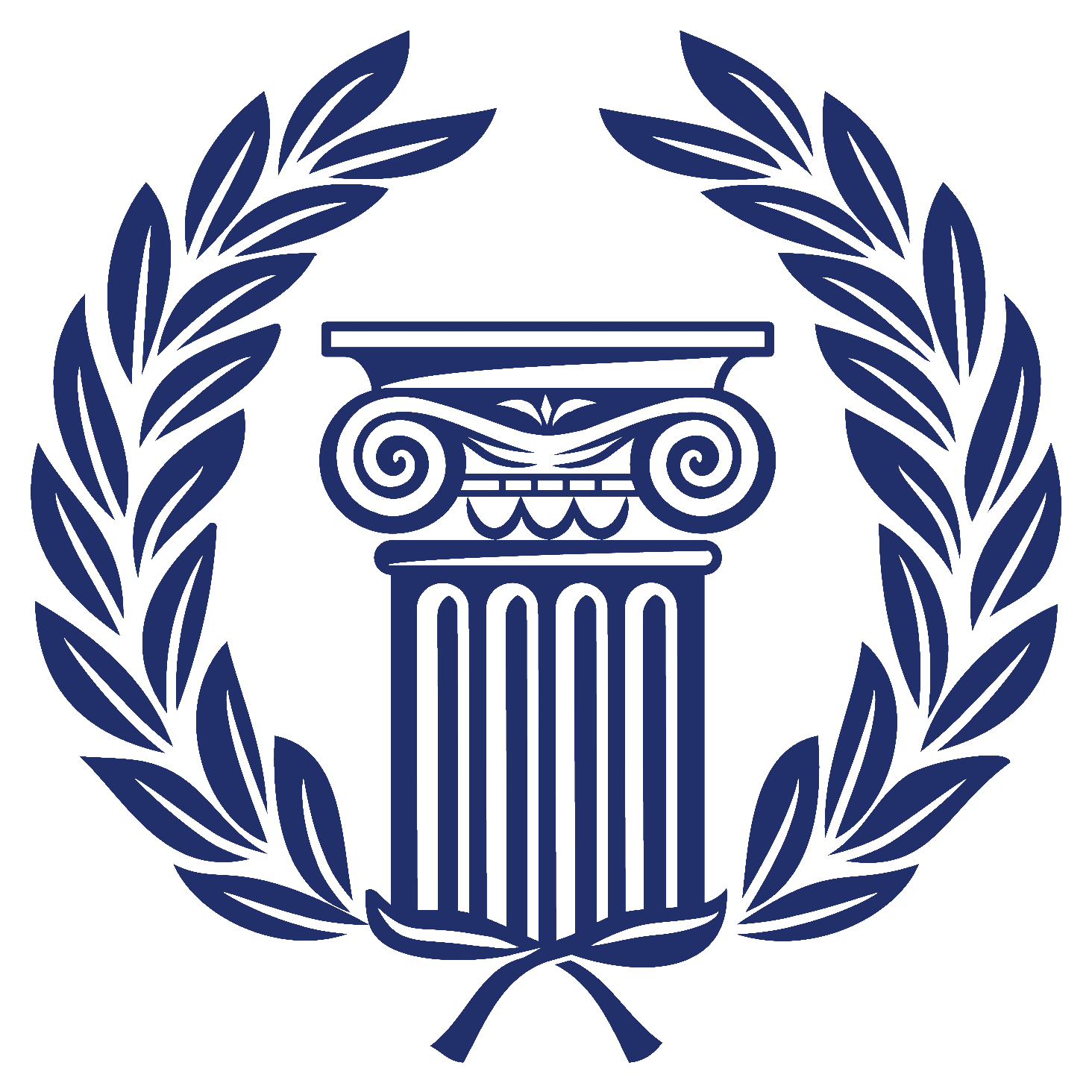 A blue laurel wreath with a pillar in the middle.