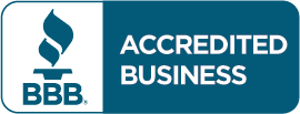 BBB Accredited Business logo, blue and white, features a flame and text.