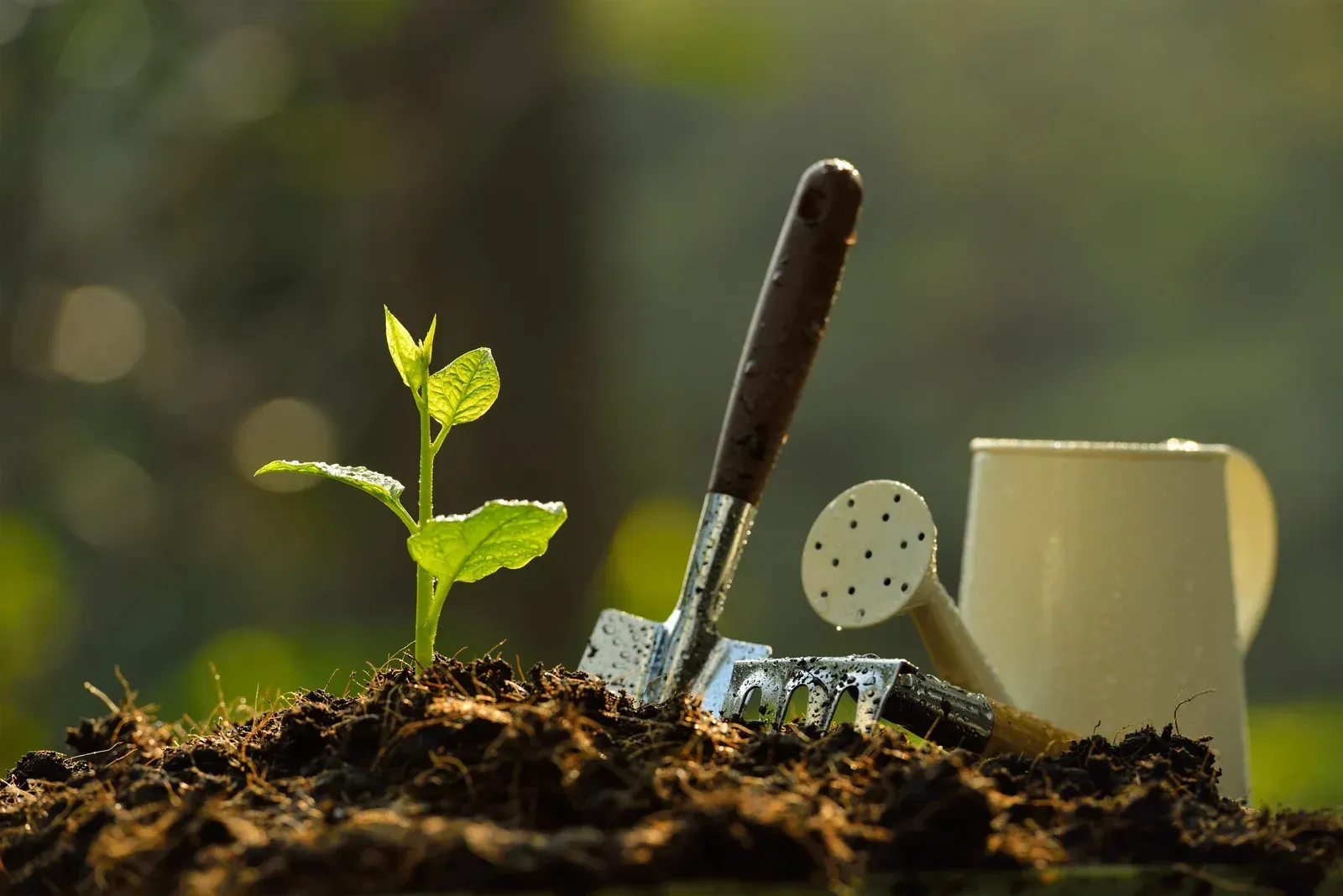 Young plant sprouting from soil with gardening tools and watering can.