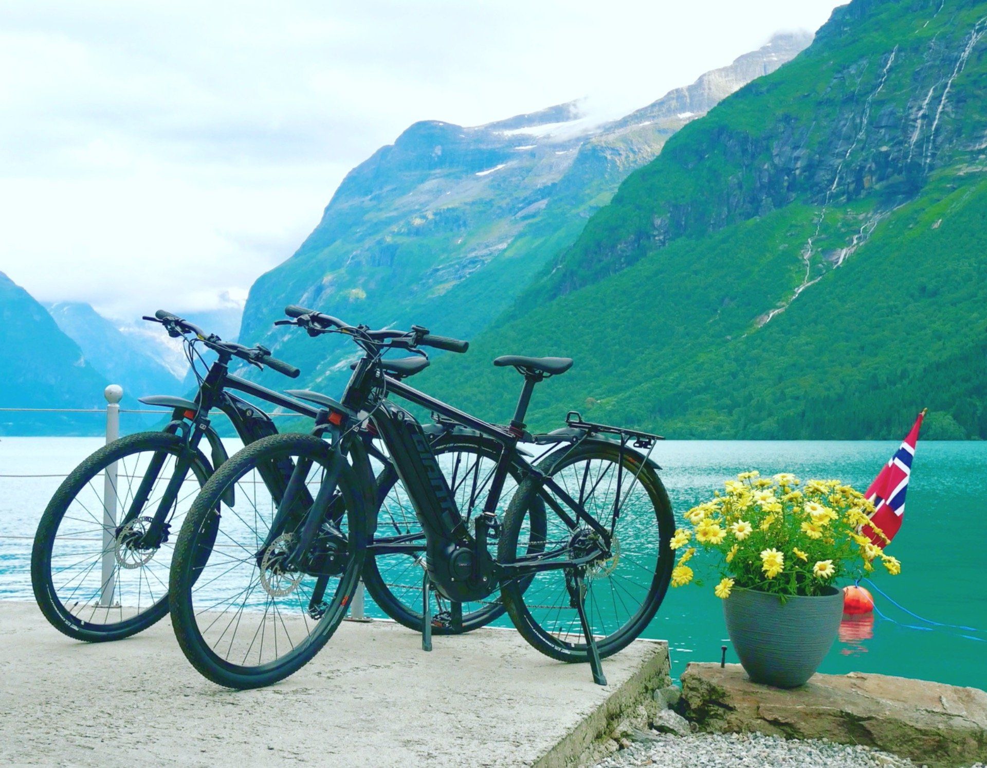 To terrengsykler ved en turkis fjord, med grønne klipper og en blomsterpotte i forgrunnen.