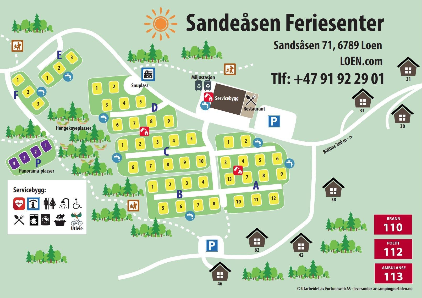 Kart over Sandeåsen Feriesenter campingplass med hytter, veier, parkering og fasiliteter markert med grønt og gult