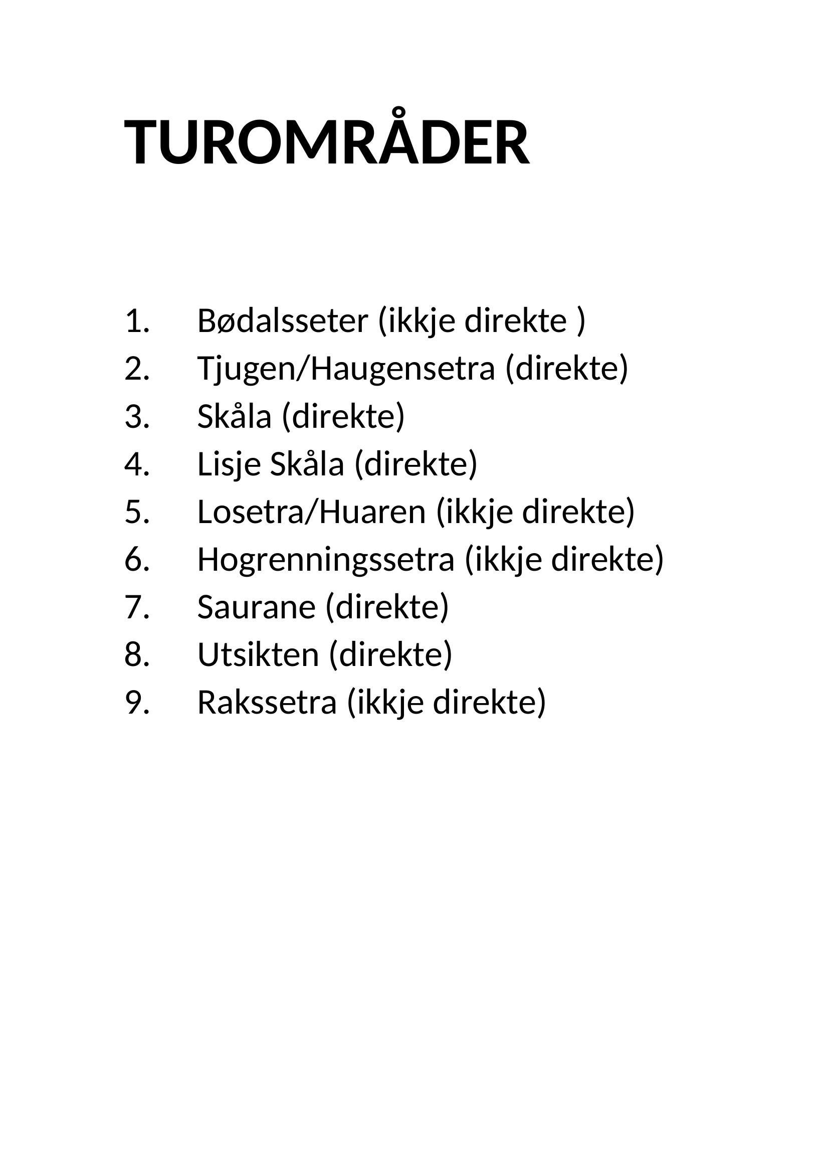 Turistområder: enkel svart tekstliste med ni direkte/indirekte turisthinder på hvit bakgrunn