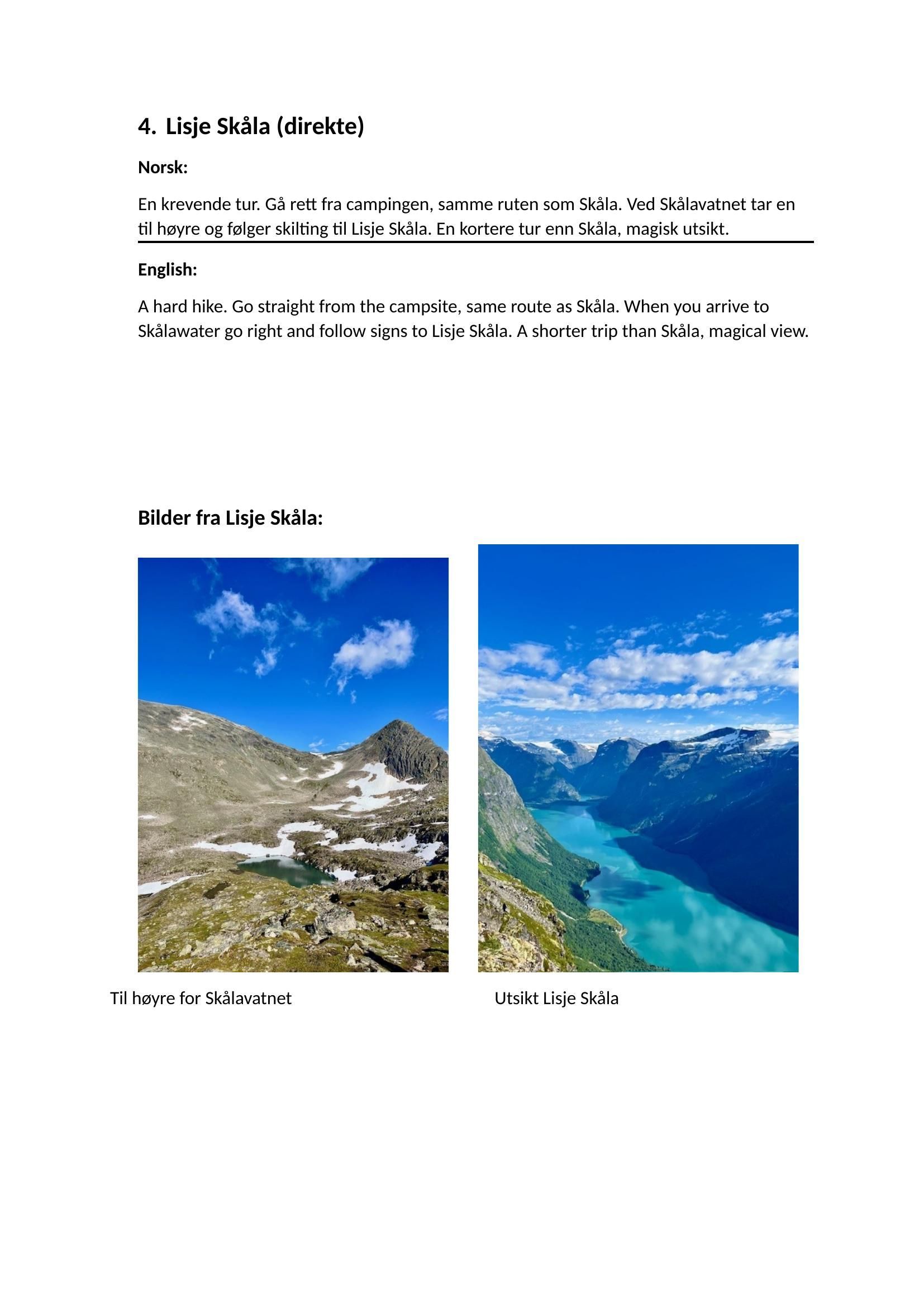 Trykt side med to bilder av fjellsjøer under tittel og kort tekst.