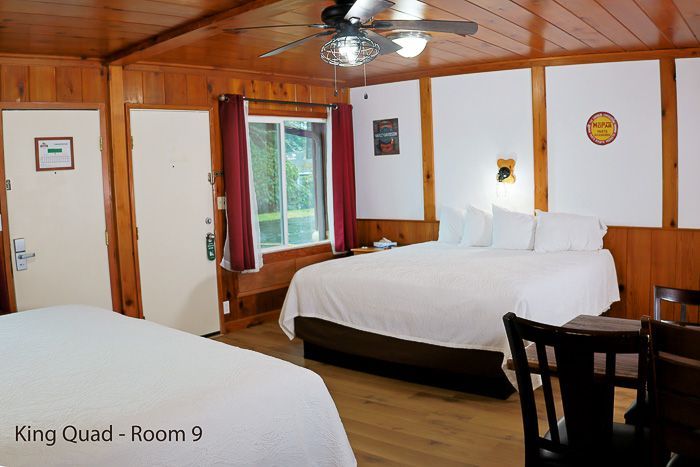 Hotel room with king bed, wood-paneled walls, ceiling fan, and window with curtains