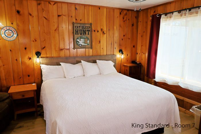 Cozy bedroom with white bed, wood-paneled walls, warm lamps, and a sunlit window