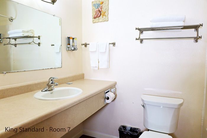 Small hotel bathroom with sink, mirror, towel rack, toilet, and beige countertop.
