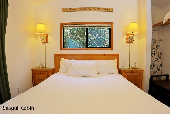 Cozy cabin bedroom with a white bed, wood headboard, bedside lamps, and window view of trees.