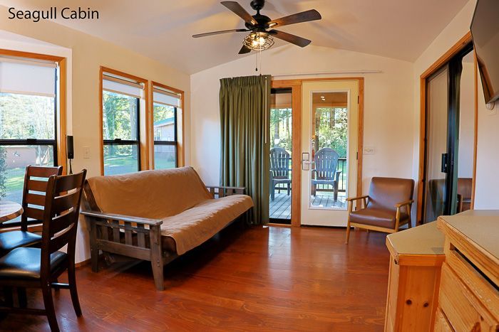 Cozy cabin living room with futon, wood floors, windows, ceiling fan, and glass door to deck
