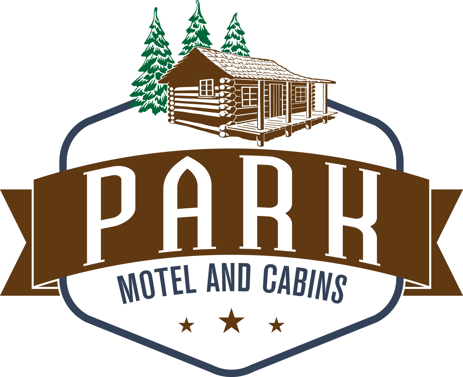 PARK Motel and Cabins logo with a brown cabin, pine trees, and stars on a white background