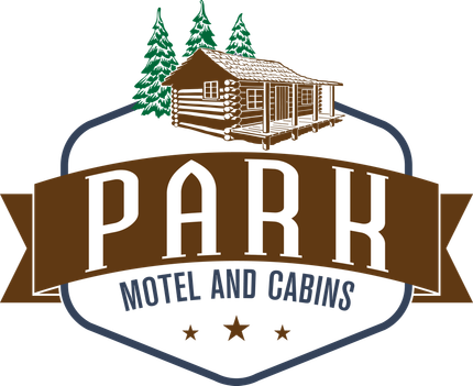 PARK Motel and Cabins logo with a brown cabin, pine trees, and stars on a white background