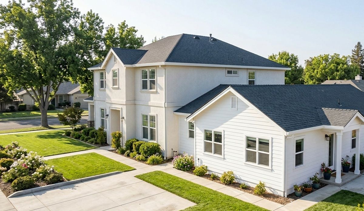 Newly constructed white ADU on a residential property in Lodi, CA.