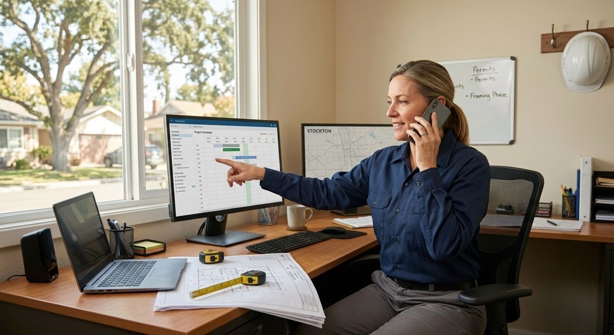 Female project manager at a desk scheduling construction projects on phone and computer.