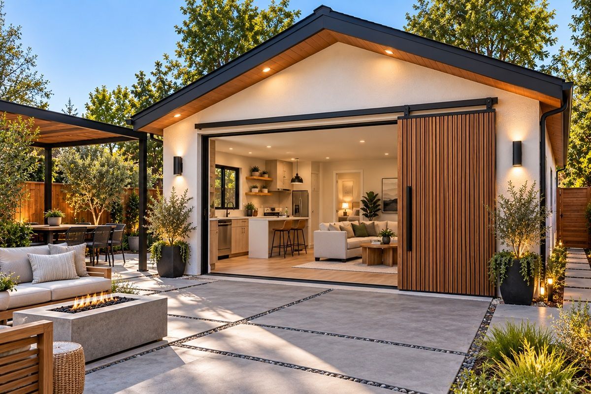 Garage conversion ADU with sliding door in Stockton CA