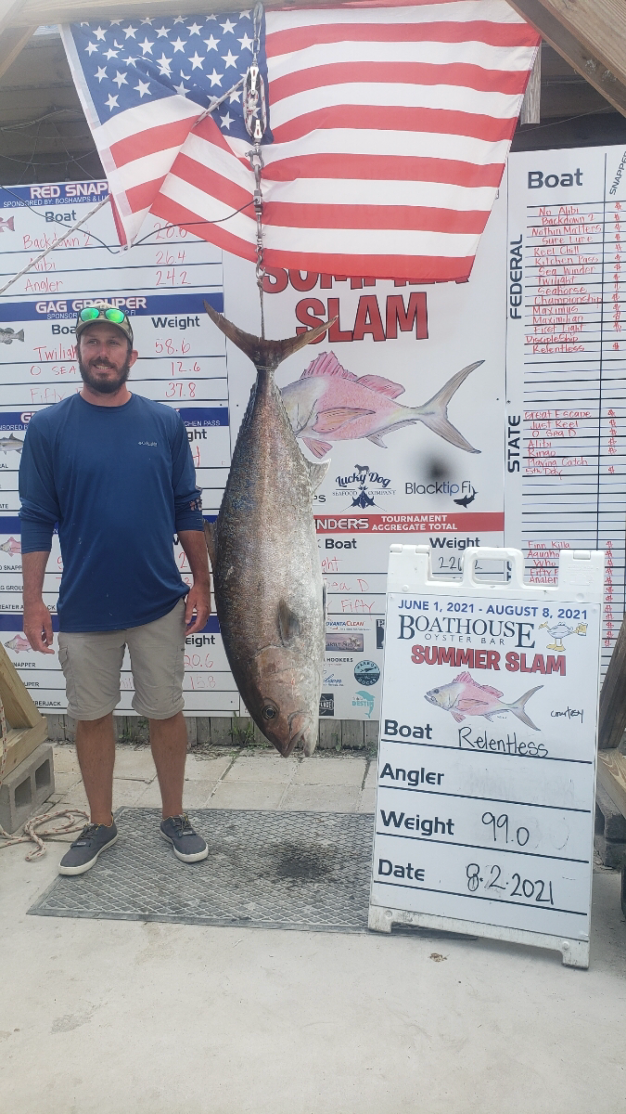 Fishing Destin, FL | Destin Harbor | Charter Boat Relentless | www.charterboatrelentless.com | A Luxury Charter Boat at Everyday Rates | 65' x 20' | A man is standing next to a large fish in front of an American flag.