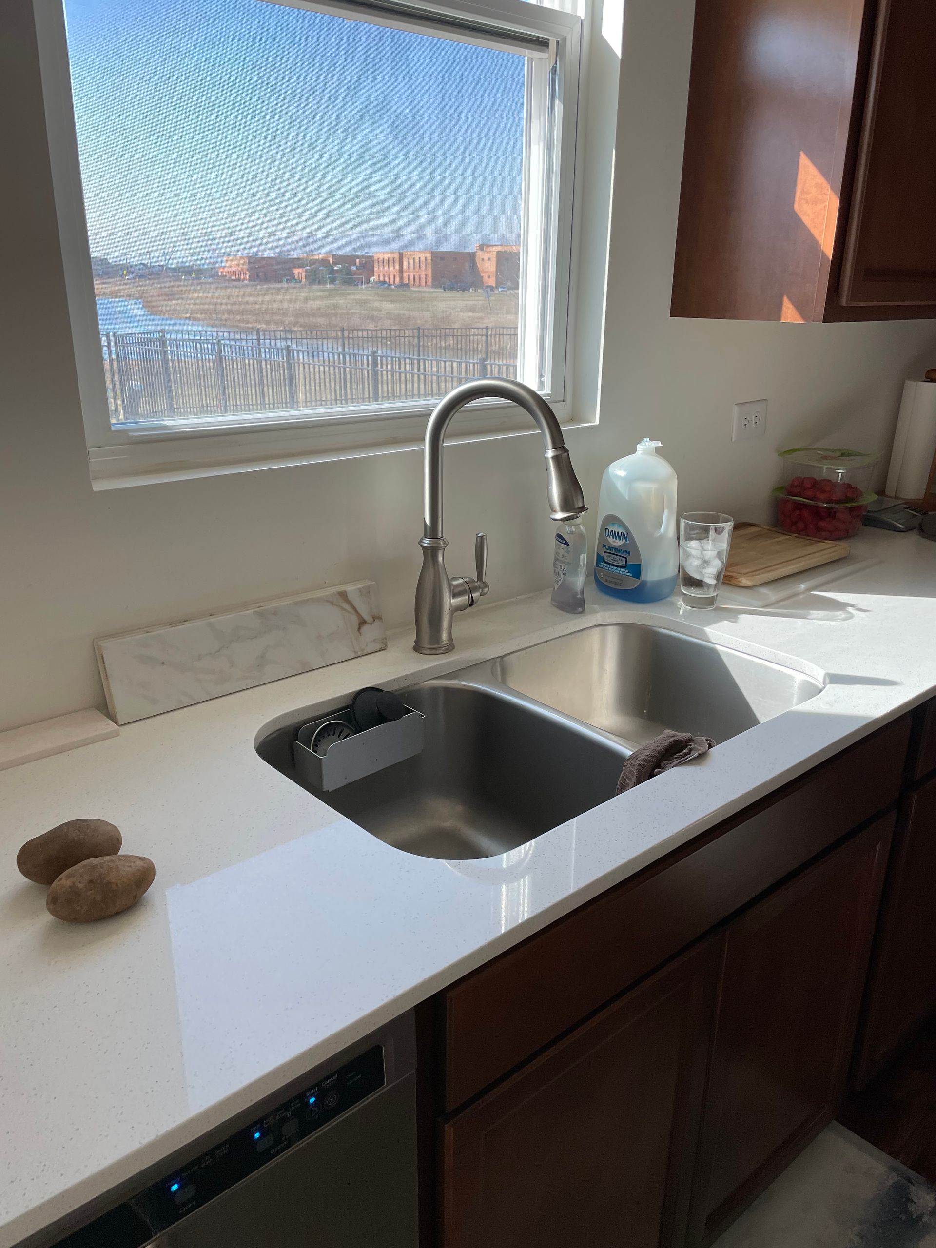 Kitchen sink with chrome faucet by a bright window, soap bottle, and a small towel on the counter