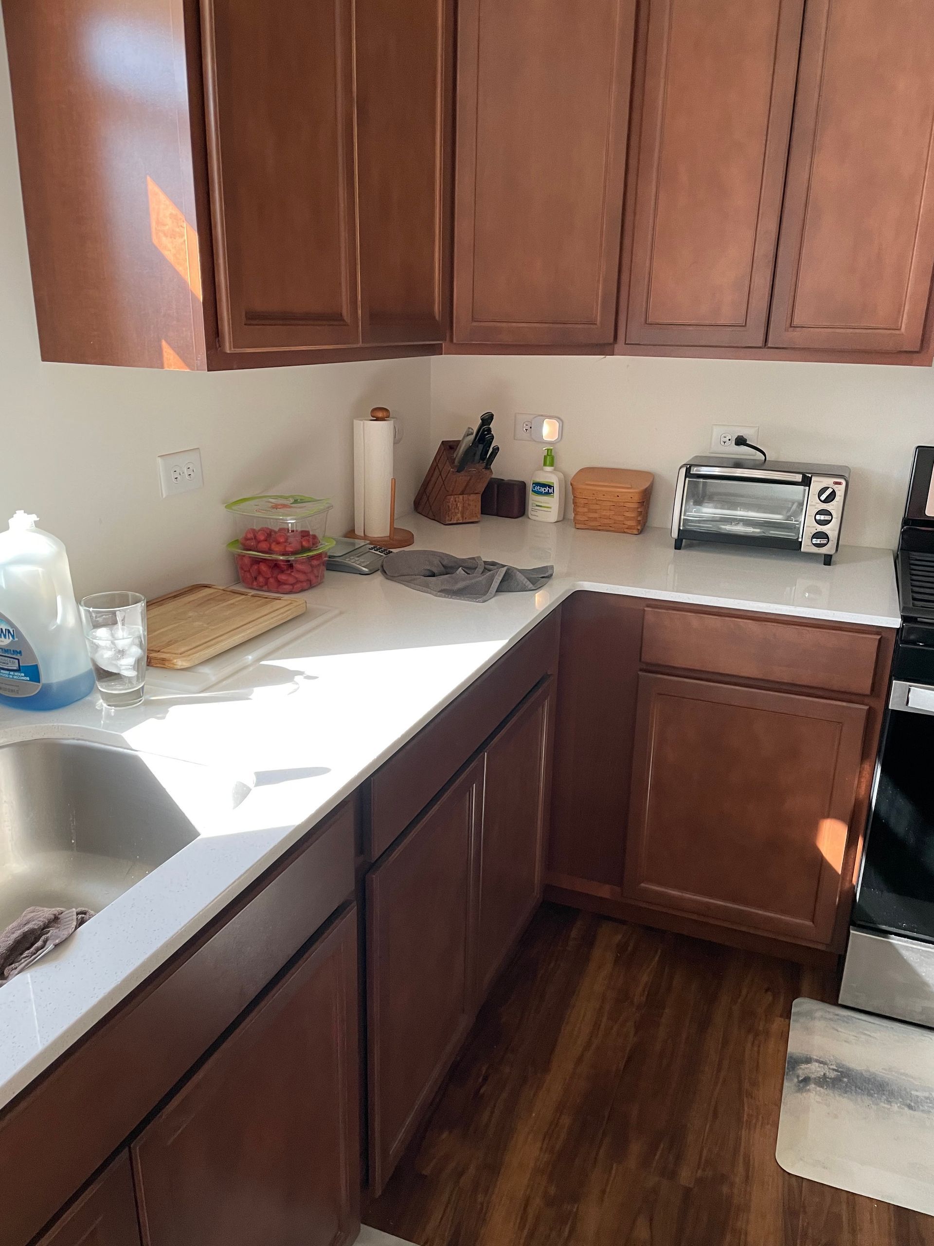 Sunlit kitchen corner with wooden cabinets, white countertops, sink, and small countertop appliances.