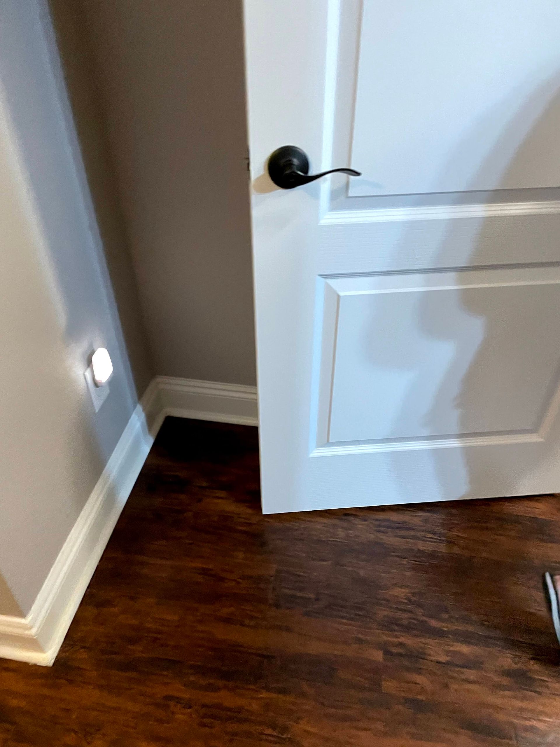 Partially open white door with black knob beside a gray wall and dark wood floor