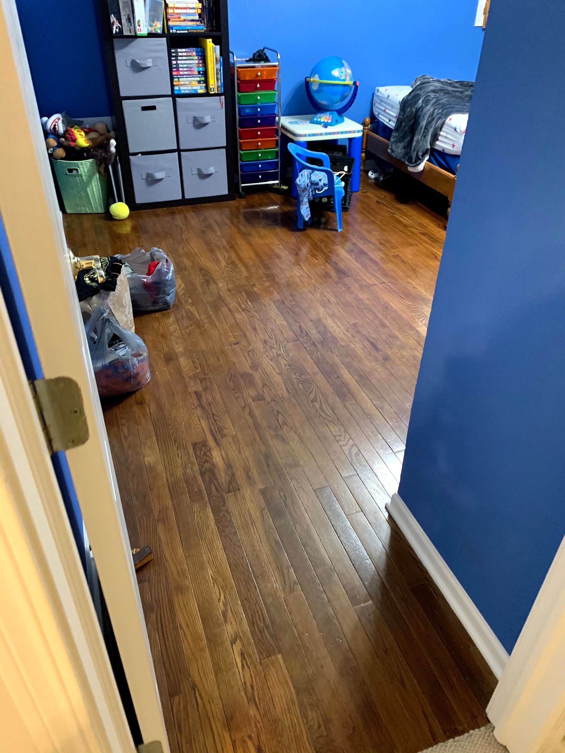Blue-walled bedroom with wood floor, dresser, small blue desk, and a dog near the doorway.