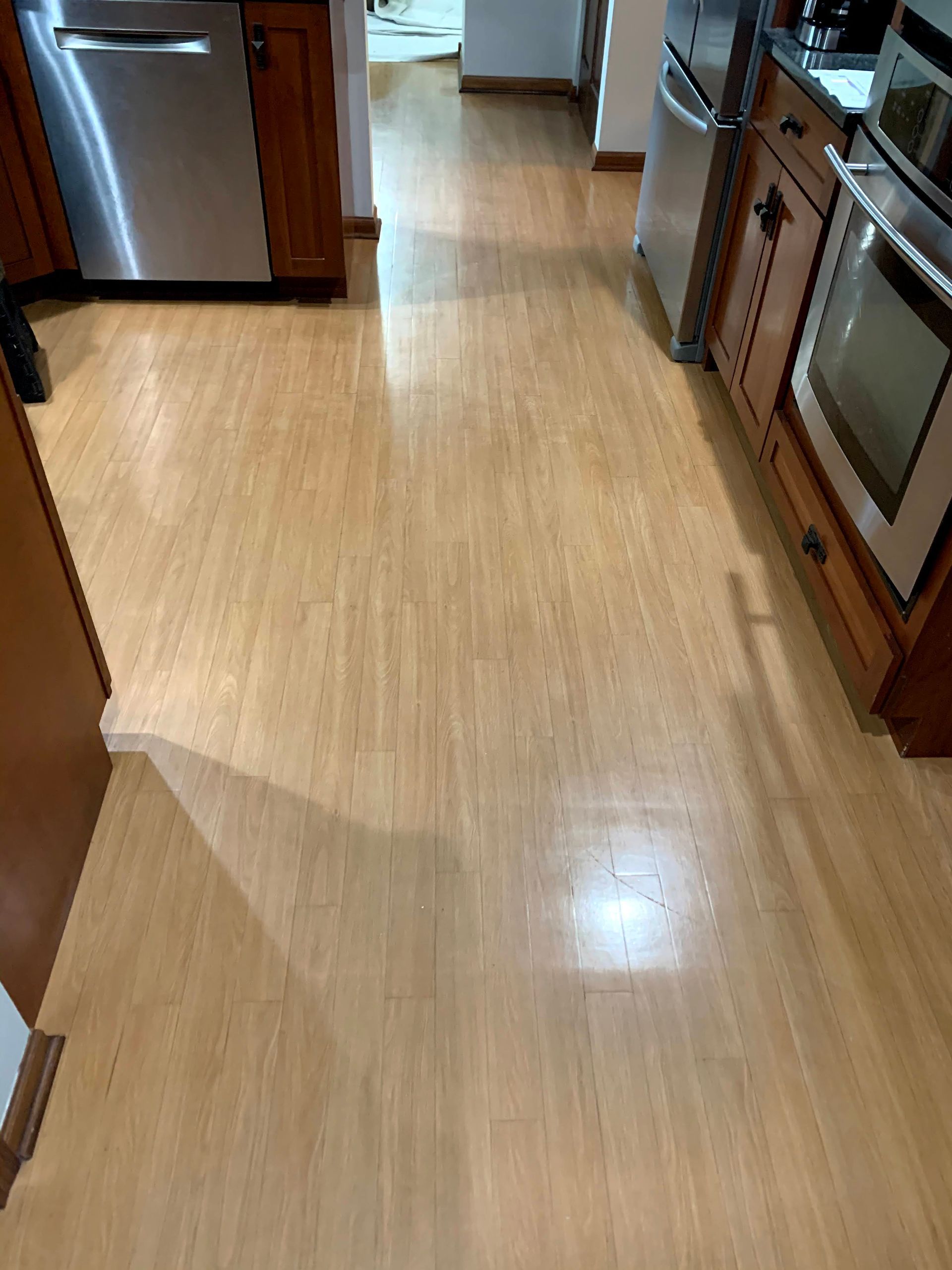 Narrow kitchen with light wood floor, stainless steel appliances, and cabinets on both sides.