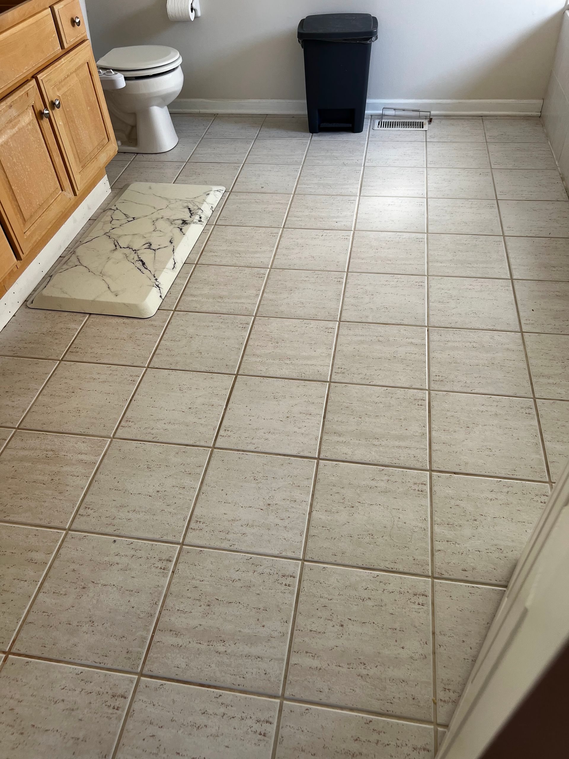 Bathroom with beige tile floor, white toilet, black trash bin, and white bath mat near a cabinet.