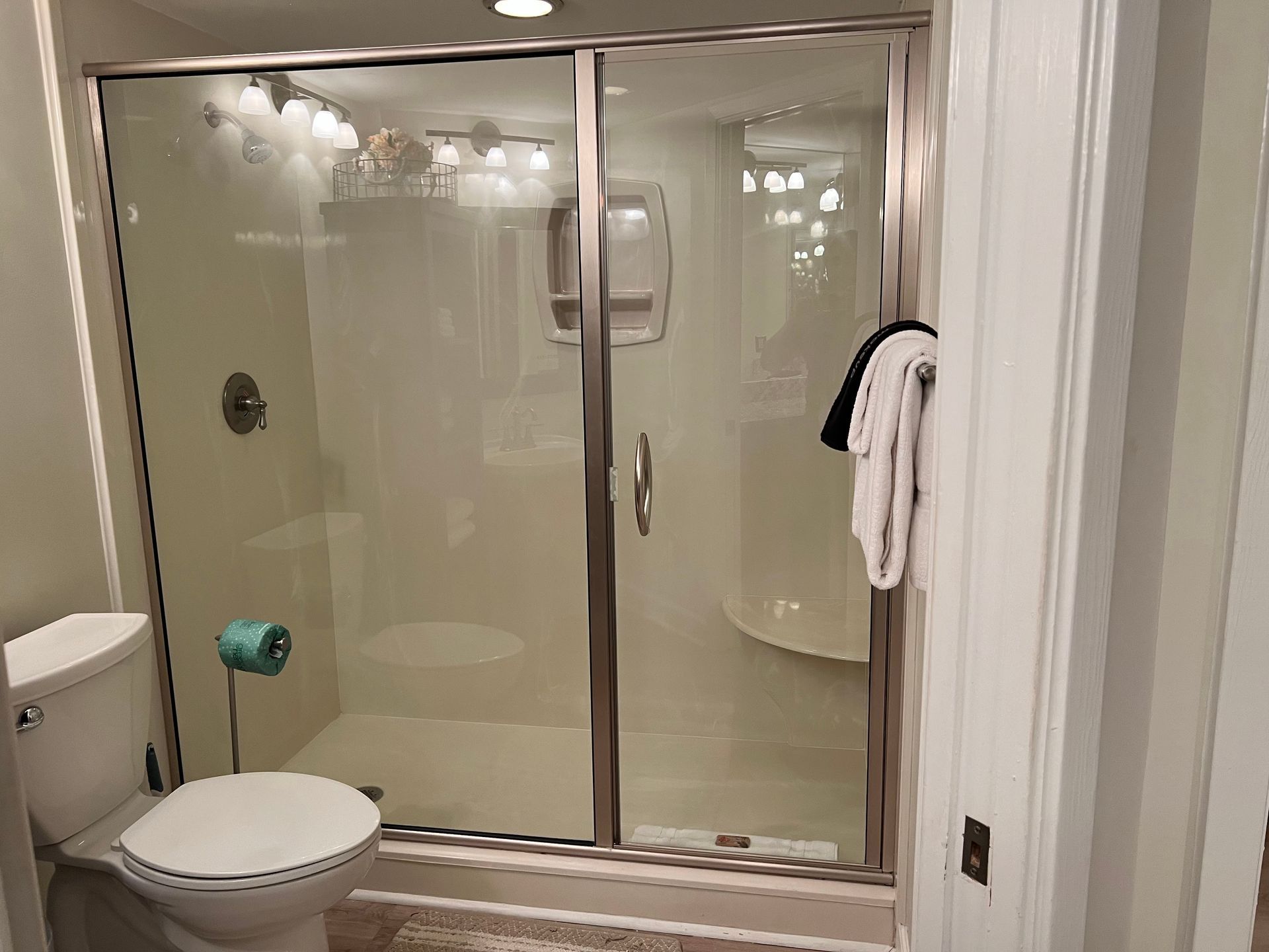 Bathroom with glass-enclosed shower, toilet, and towel hanging on the shower door.