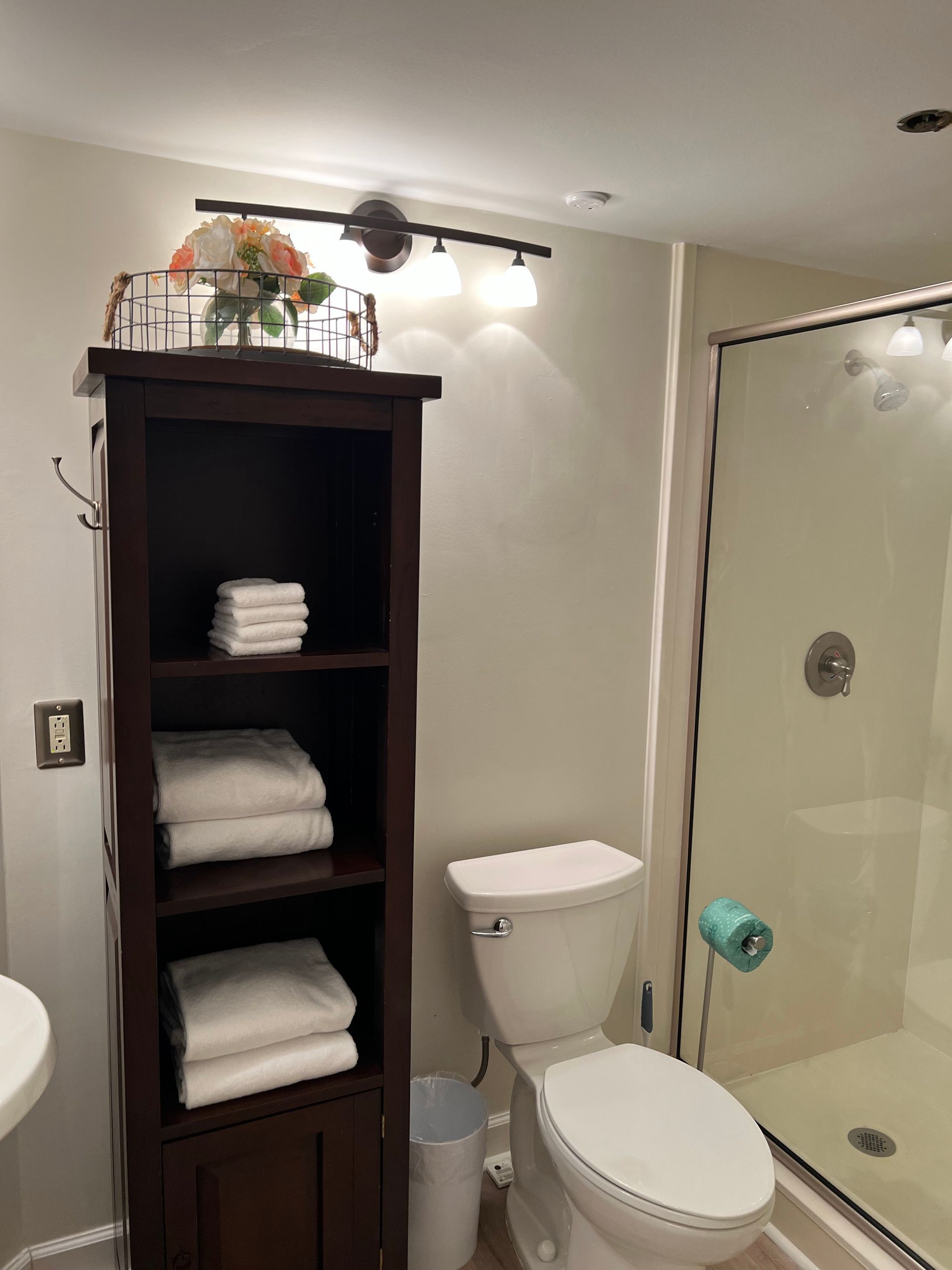 Bathroom with dark wood towel cabinet, toilet, and glass shower door under wall lights.