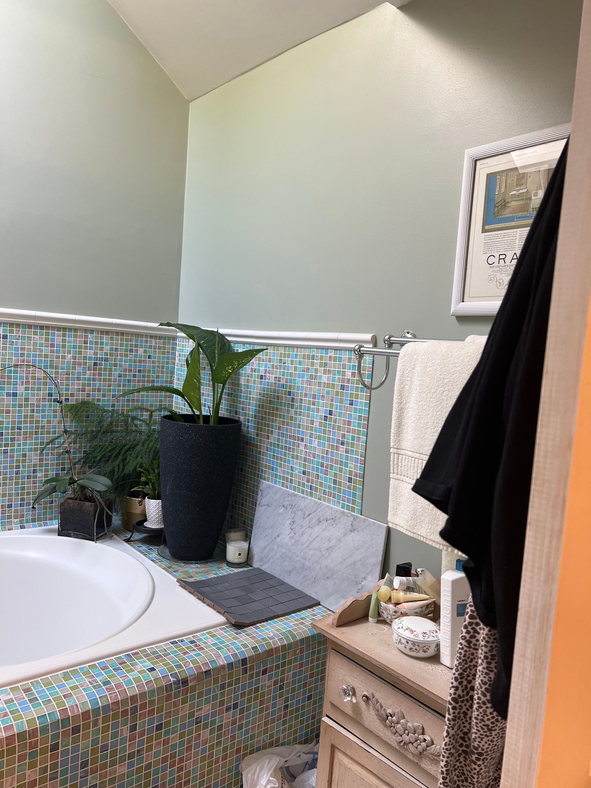 Bathroom vanity with mosaic tile, sink, potted plant, towels, and a black robe hanging nearby.