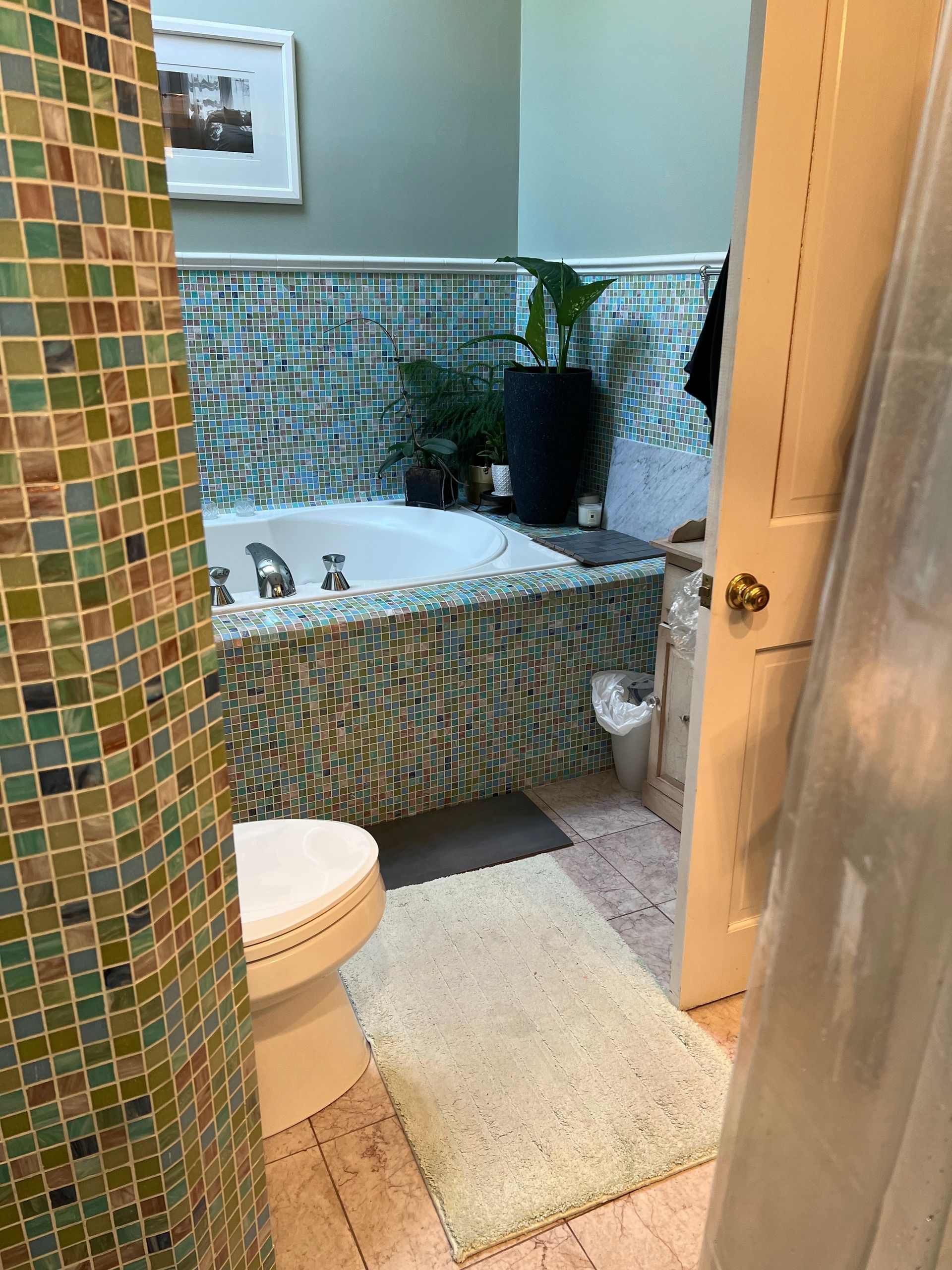 Small bathroom with mosaic-tiled bathtub, white toilet, rug, and shower curtain partially open