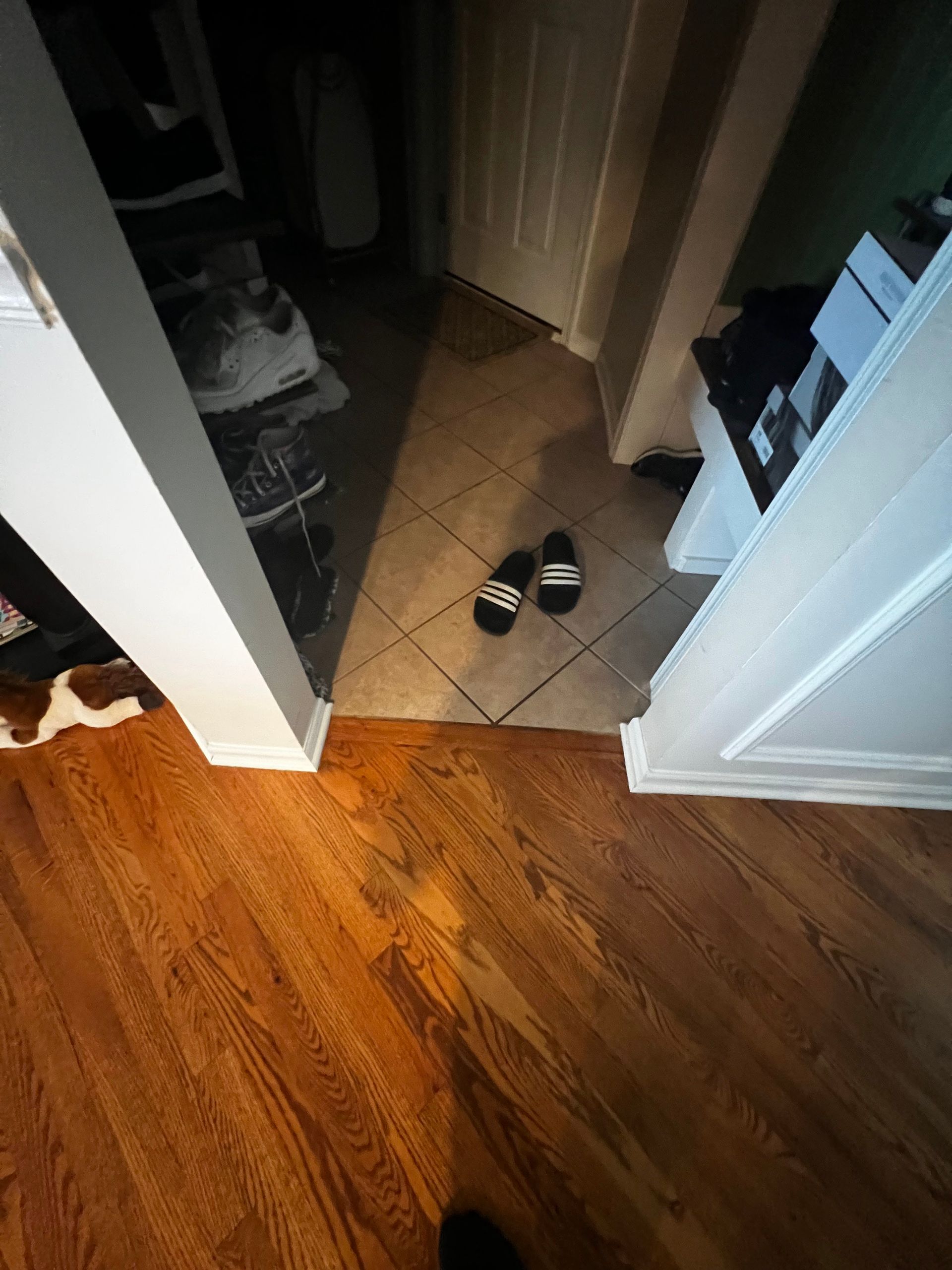 Hallway with hardwood floor, tiled entry, open closet, and black-and-white sandals on the floor.