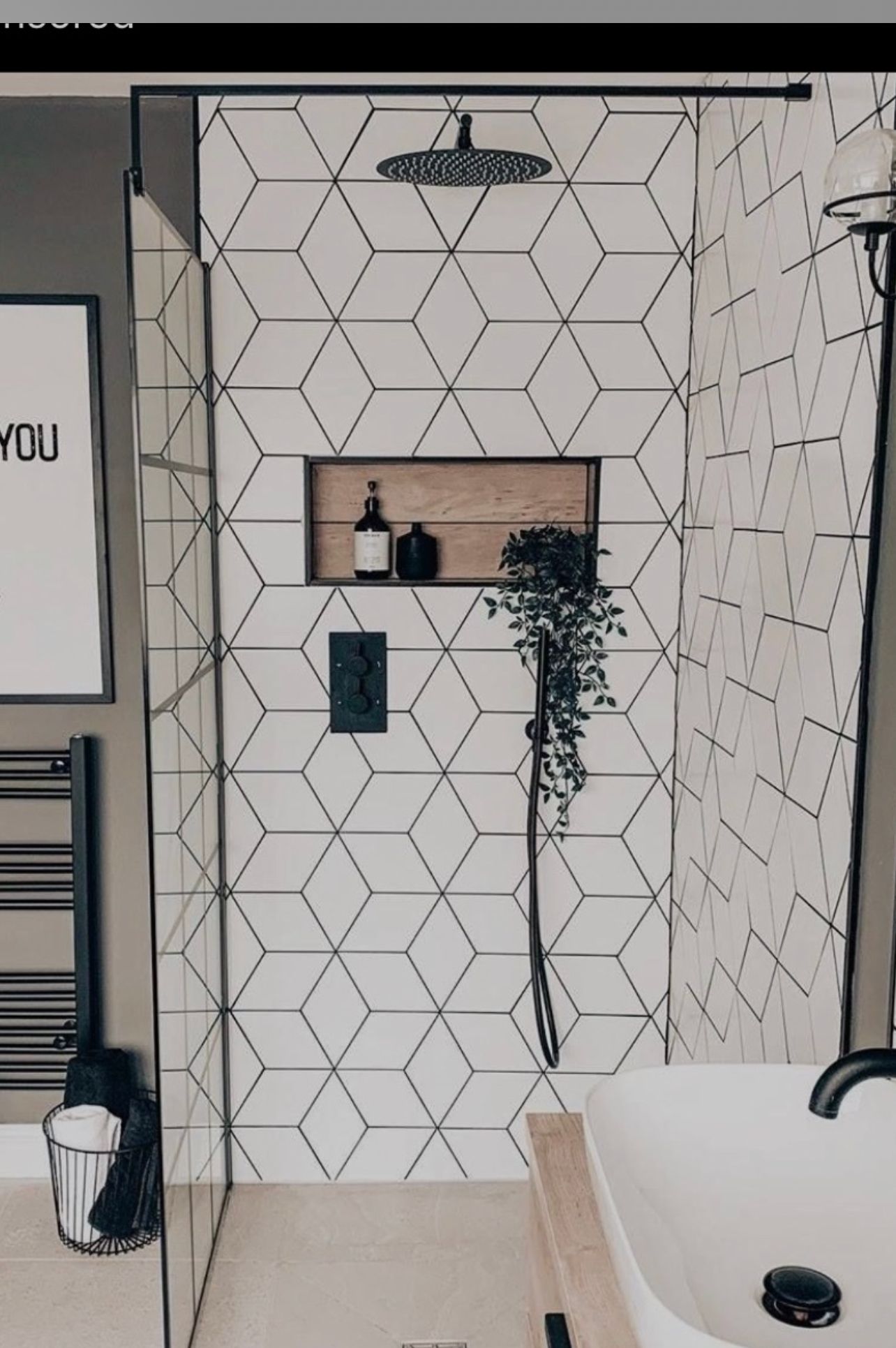 Modern shower with white hexagon tile, shelf, hanging plant, and black fixtures