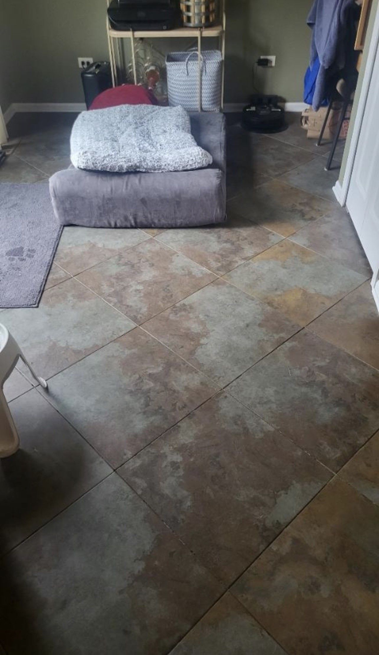 Living room with a gray armchair on patterned tile flooring and a rug along the left side.