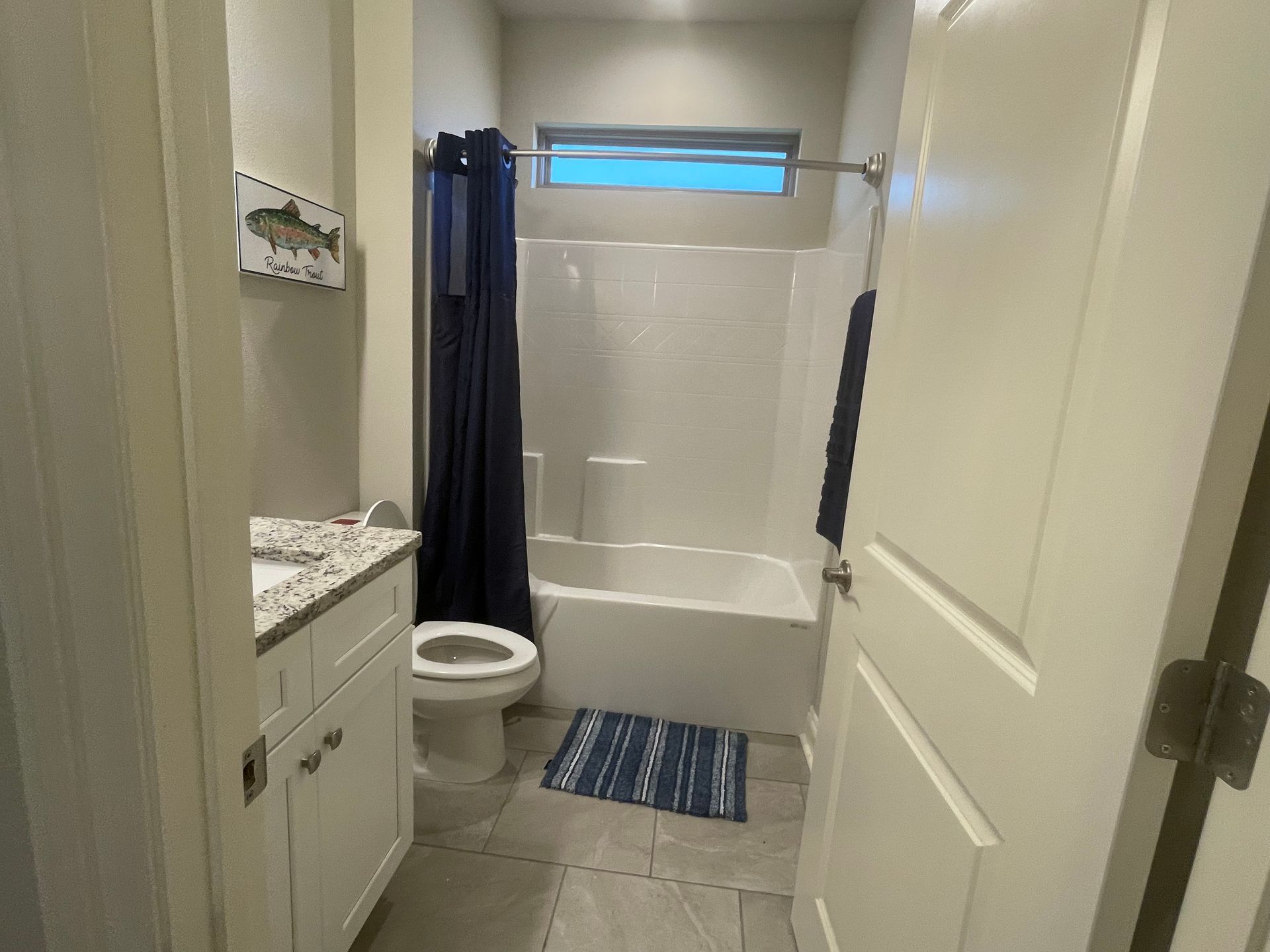 Small bathroom with beige walls, white vanity, toilet, and shower with dark curtain and striped bath mat.