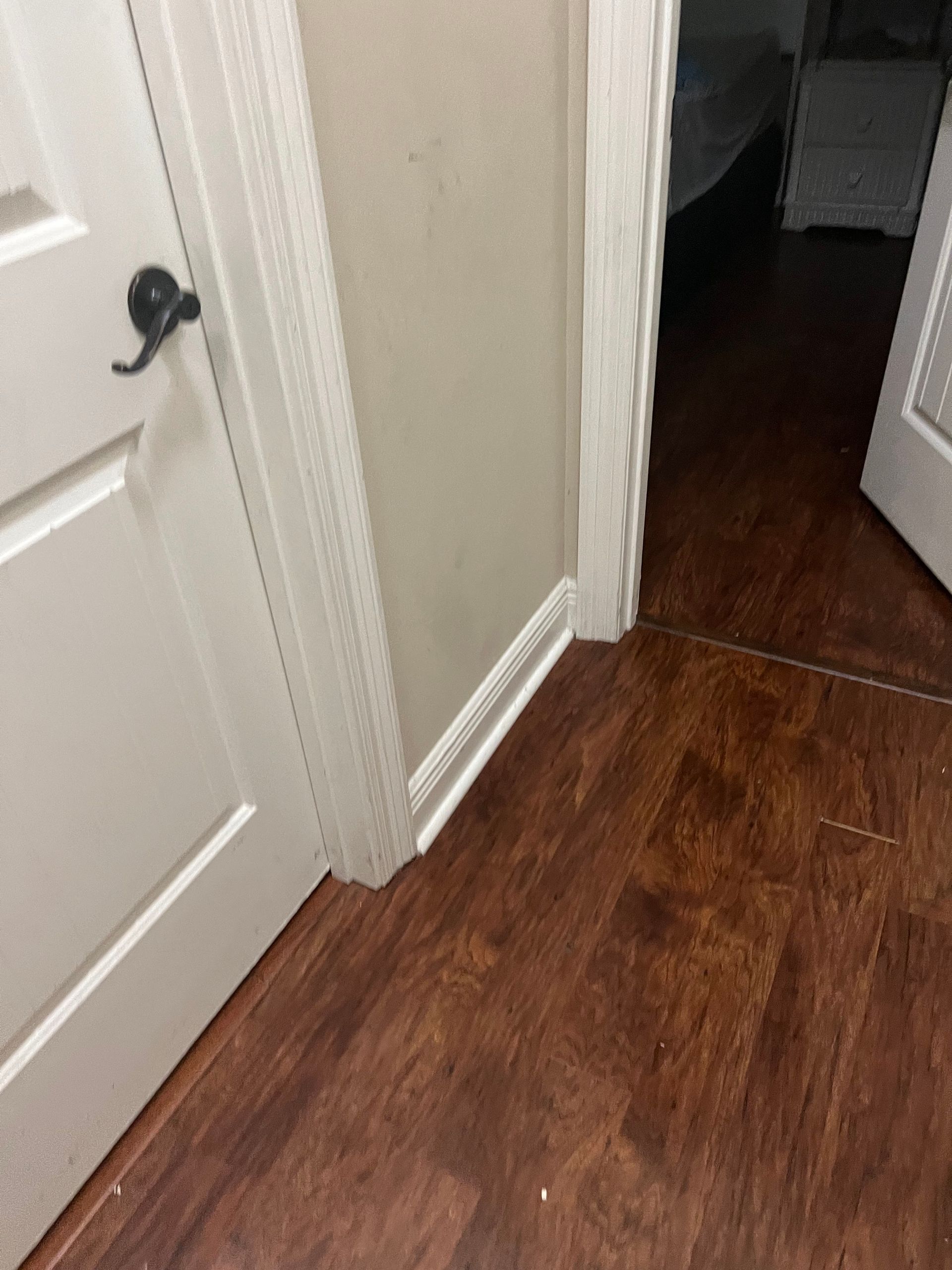 Narrow hallway with white doors and dark wood flooring, showing an open doorway at the end.