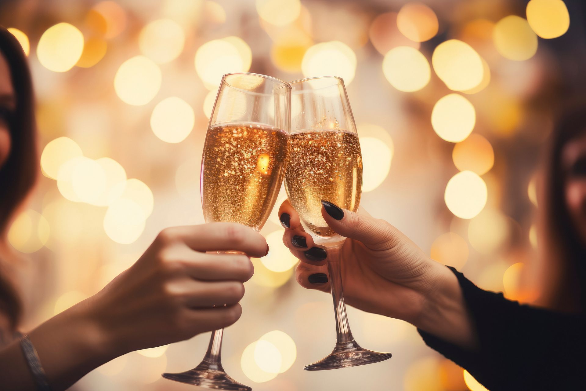 two women are toasting with champagne glasses at a party .